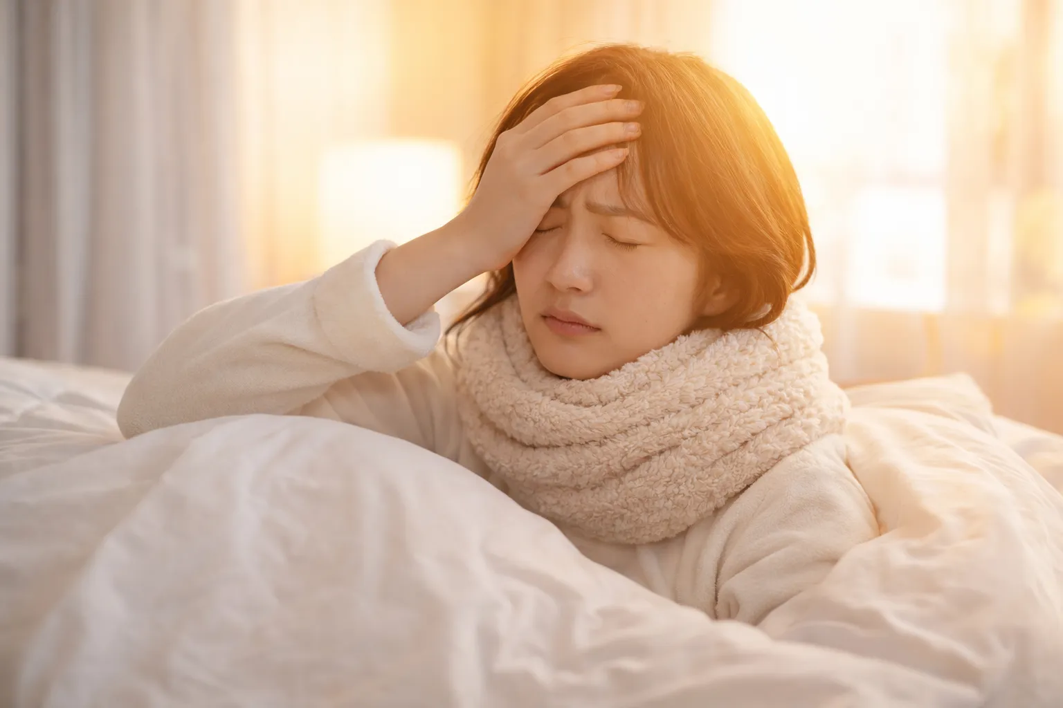 布団から起き上がれず頭を押さえる女性。首元を温めながら朝の寒暖差頭痛に悩んでいるイメージ